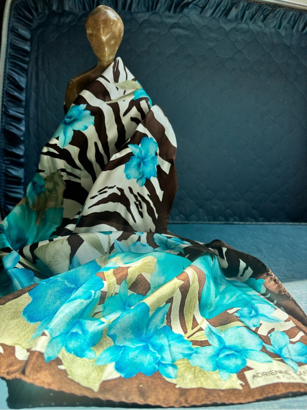 Adrienne Landau Studio Silky Floral Zebra Print Scarf in Turquoise and Brown
